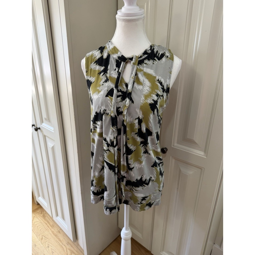 Yvos Sleeveless Tie Neck Blouse Womens Large Abstract Print Career Stretch Top‎